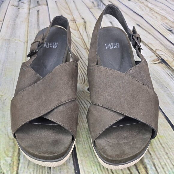 Eileen Fisher Wedge Sandals Women's Size 9 Gray Leather Ankle Strap Casual Comfy - Picture 6 of 8